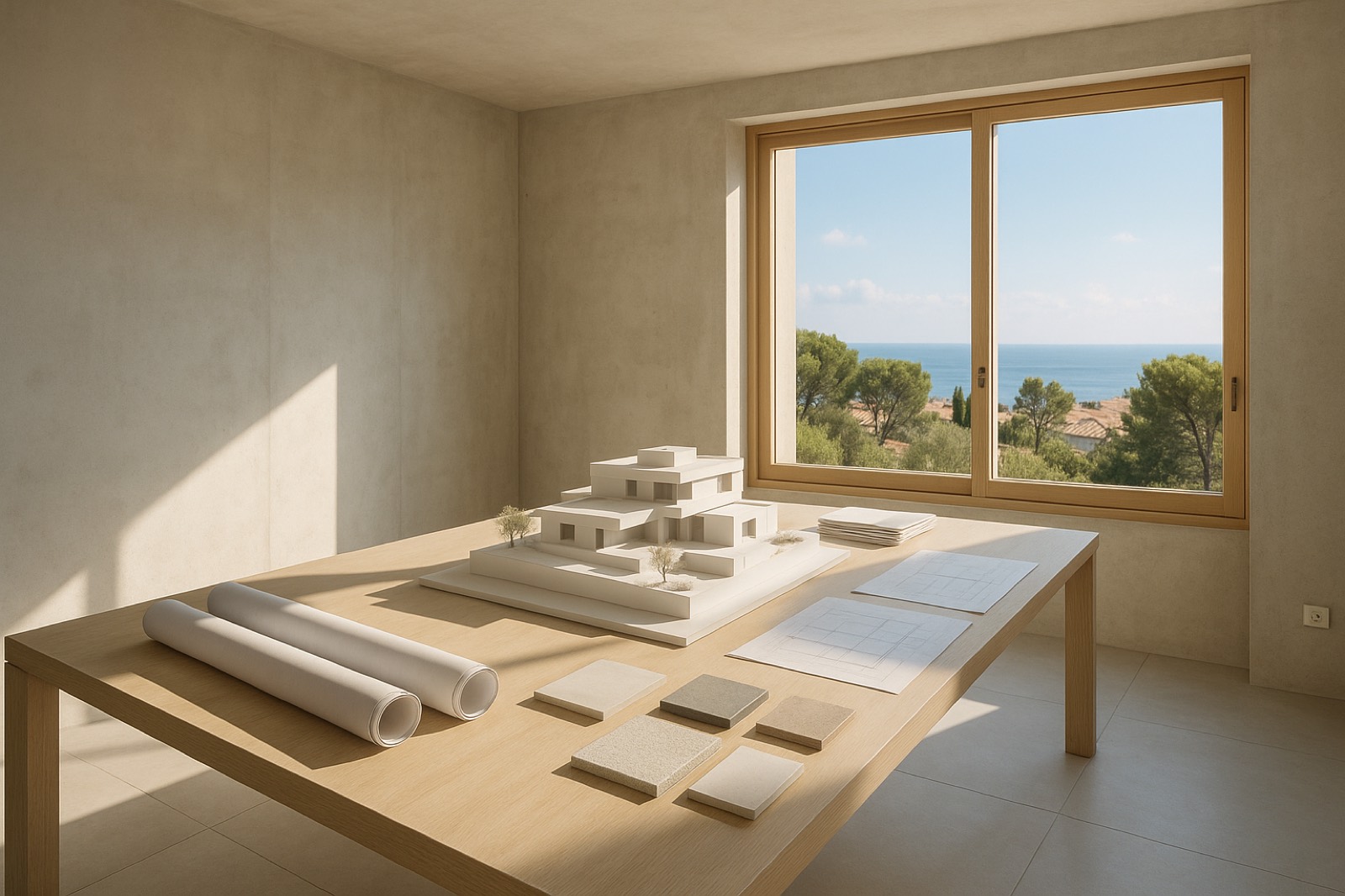 La table de l'atelier : maquette, plans, échantillons, vue sur la mer