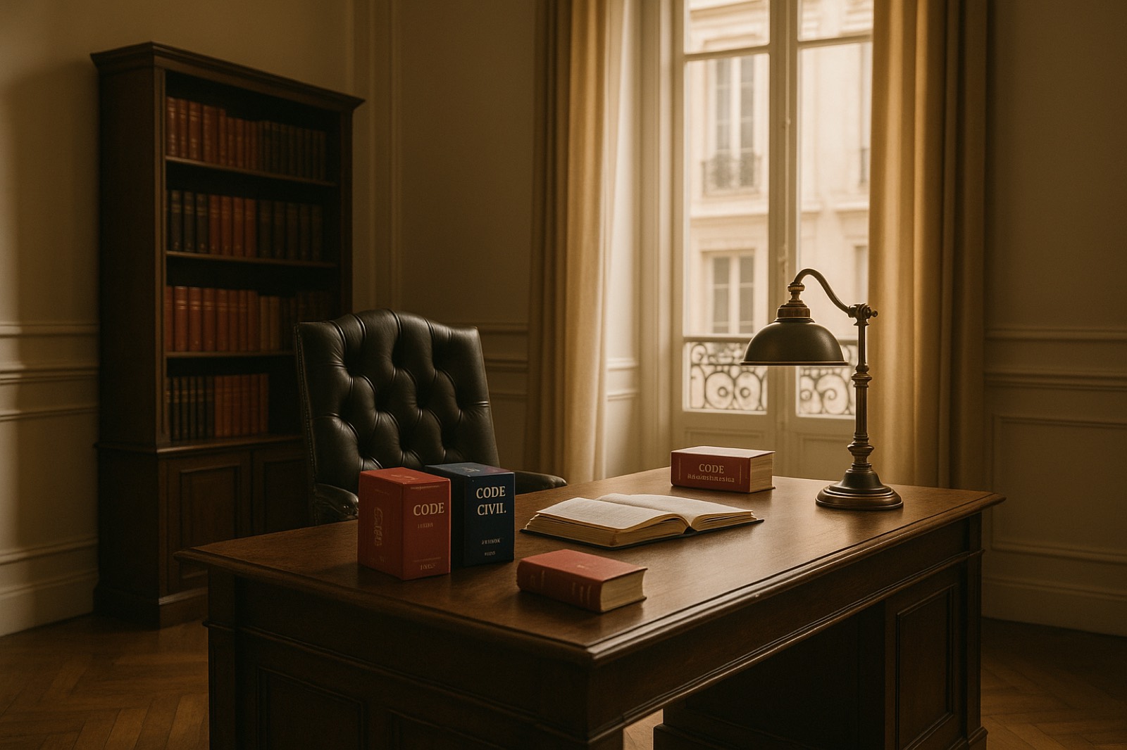 Le bureau du cabinet : codes, lampe en laiton, fauteuil en cuir