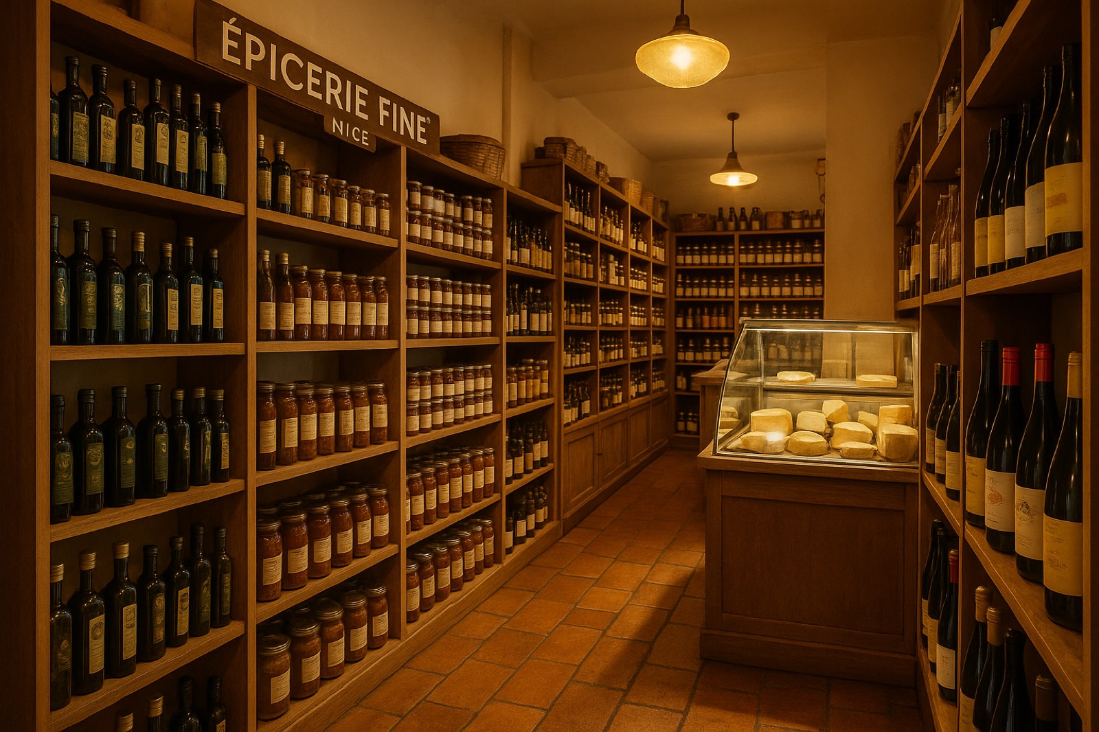 L'intérieur de la boutique : huiles, conserves, cave et fromages